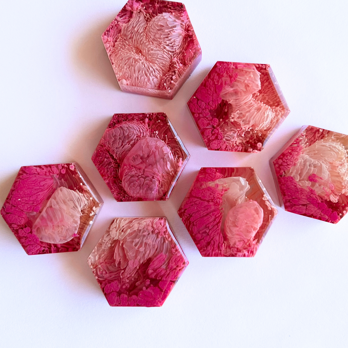 Set of 5 Hexagon Pink Petri Resin Magnets 1"