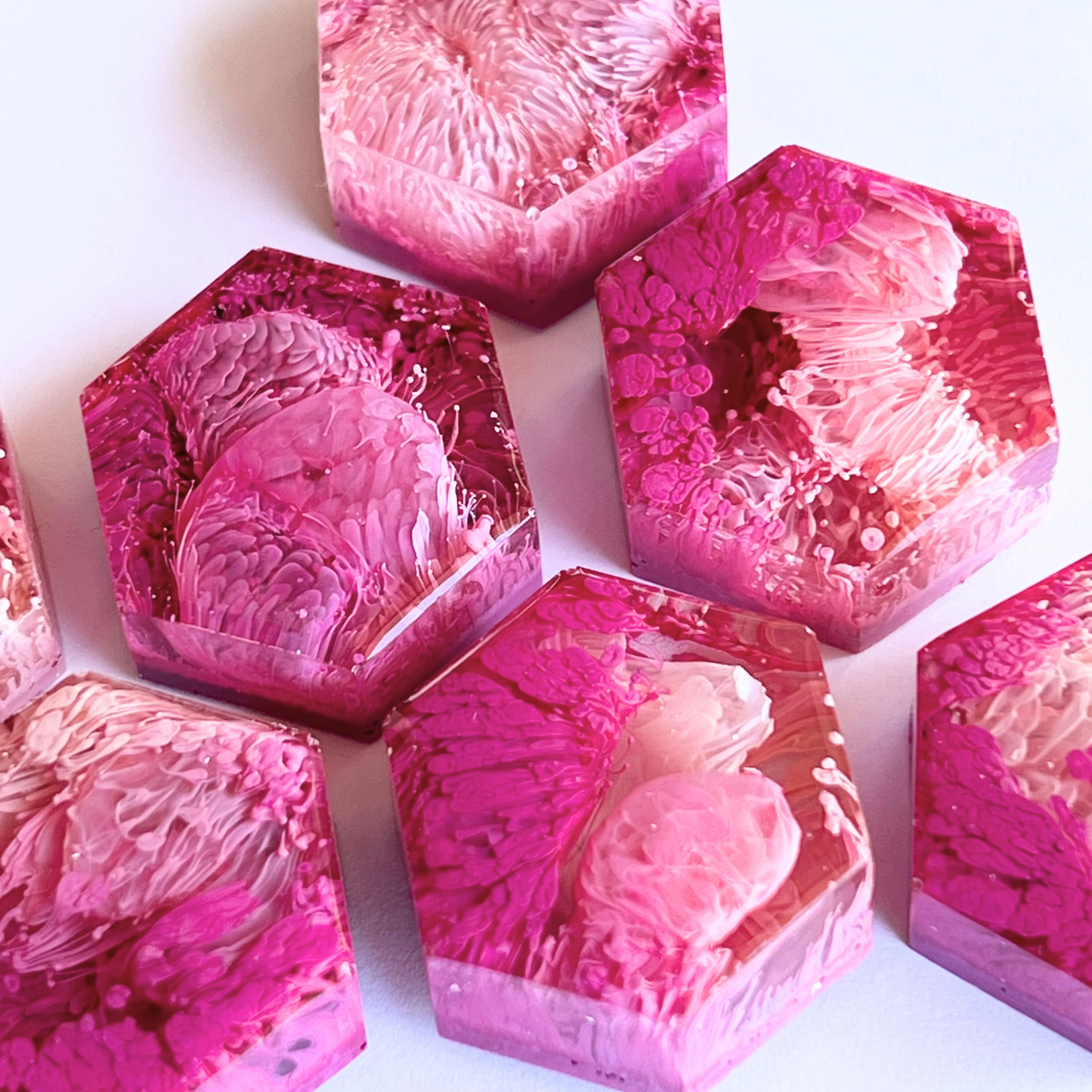 Set of 5 Hexagon Pink Petri Resin Magnets 1"