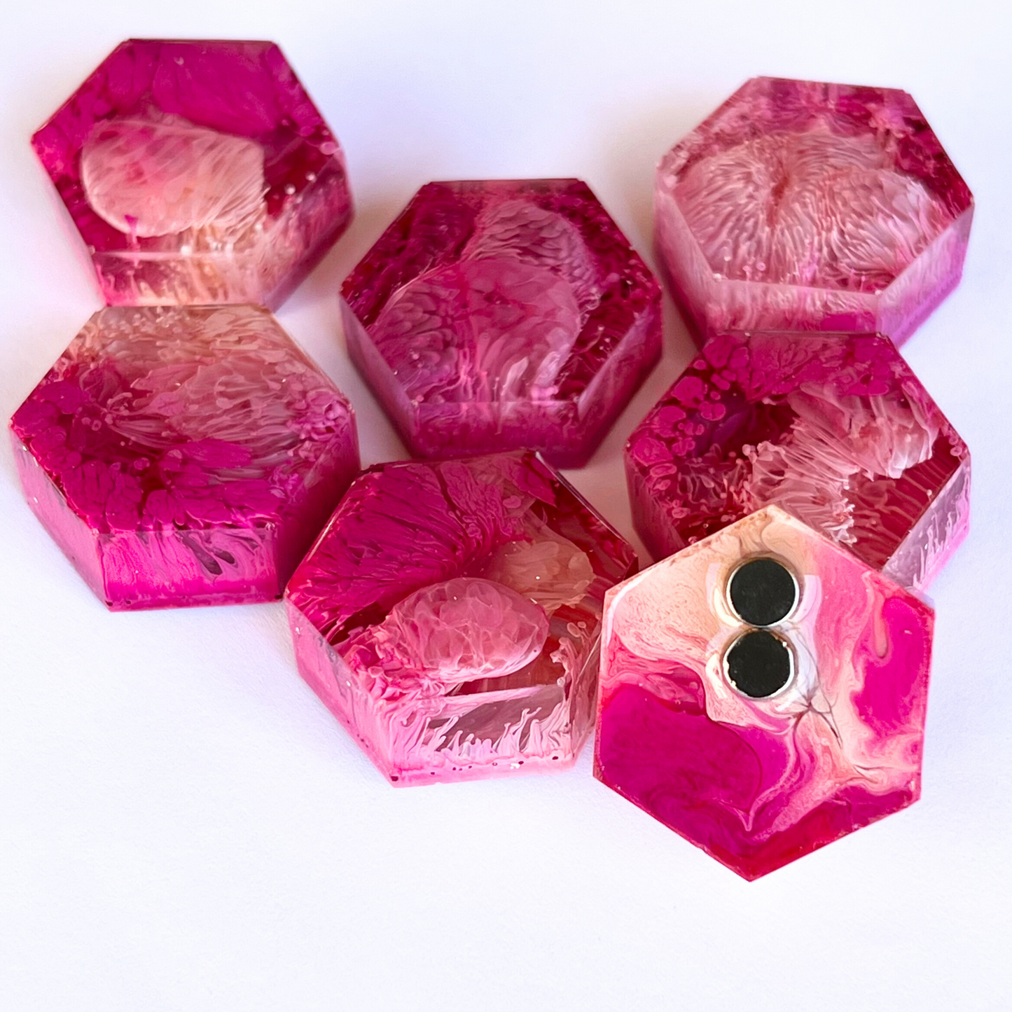 Set of 5 Hexagon Pink Petri Resin Magnets 1"