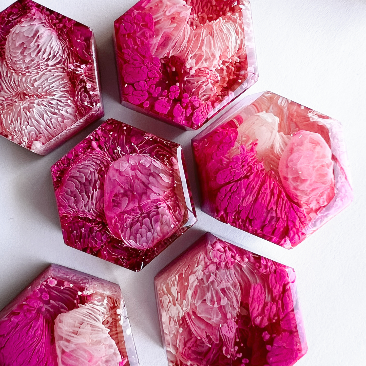 Set of 5 Hexagon Pink Petri Resin Magnets 1"