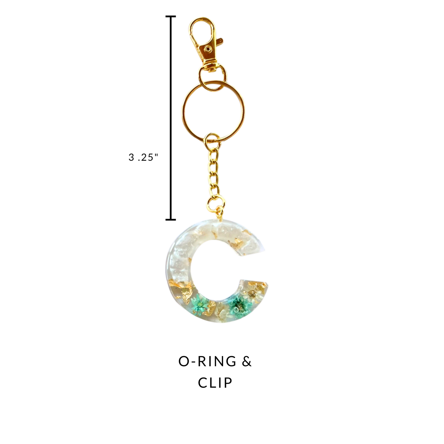 Floral Initial Keychain Gold, Teal, and Pearl, Resin Letter, Personalized Alphabet Charm, Personalized Gift for Her