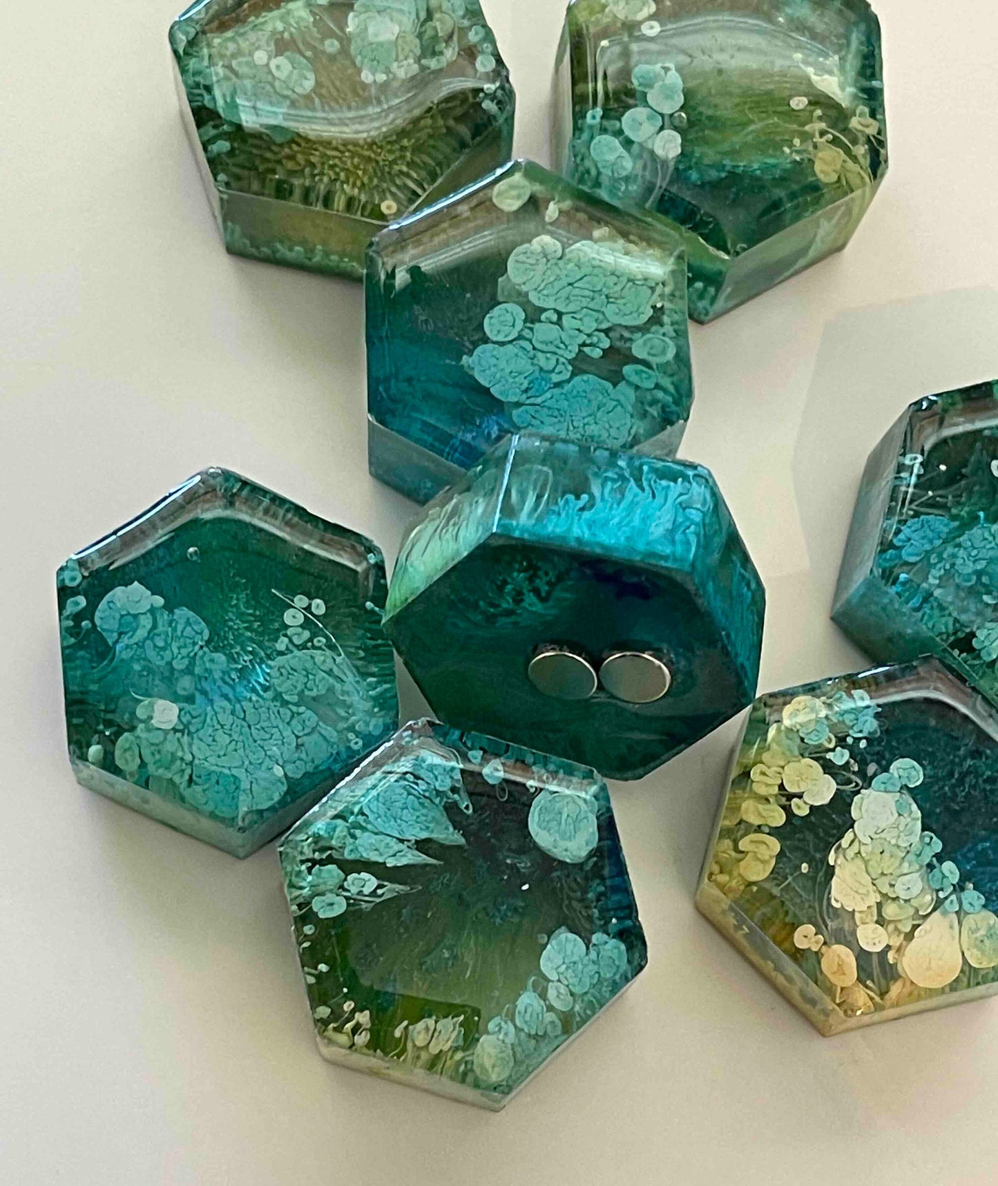 Set of 5 Petri Hexagon Magnets 1" | Teal & Yellow Magnets | Unique Magnets