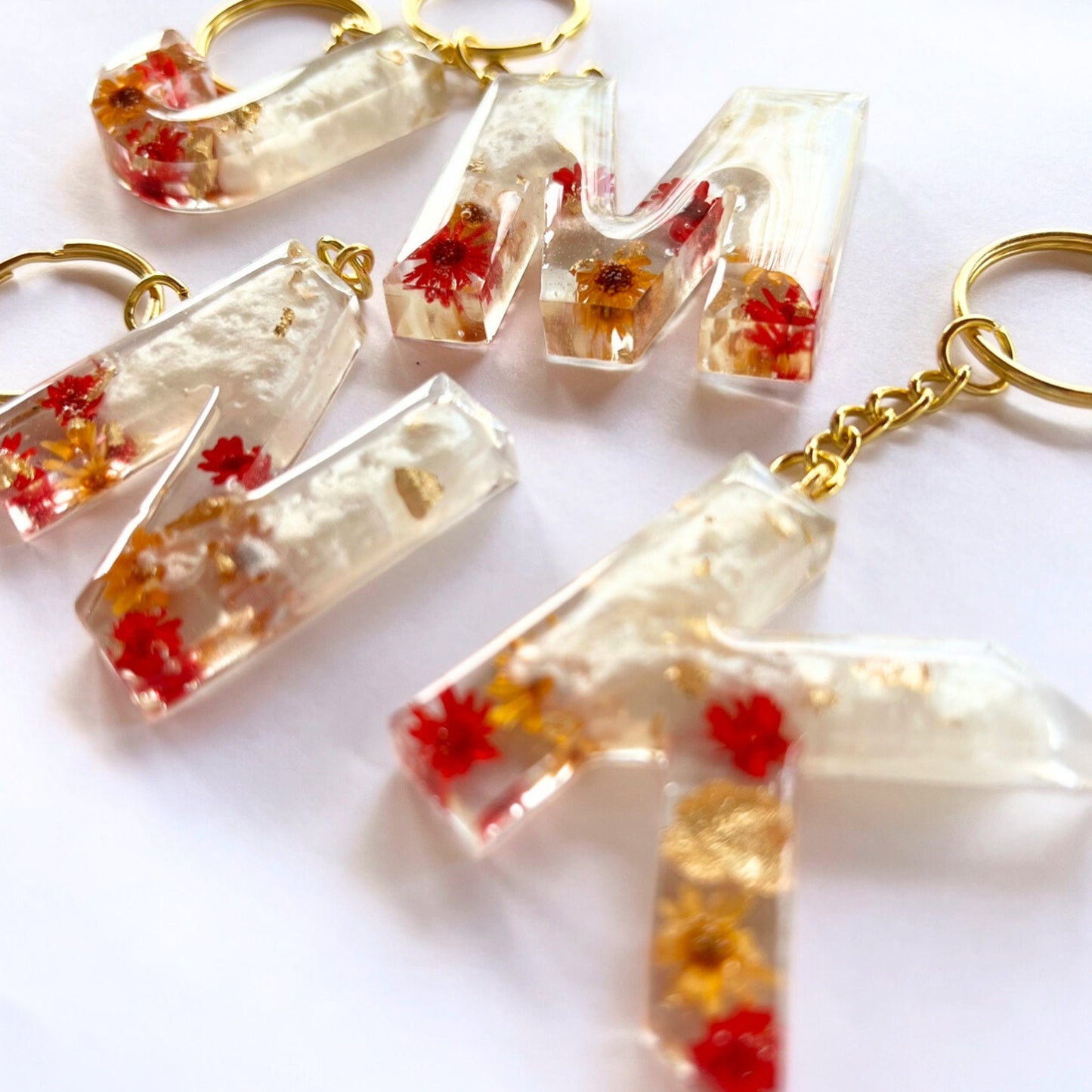 Floral Initial Keychain Gold, Red, Orange, and Pearl, Resin Letter, Personalized Alphabet Charm