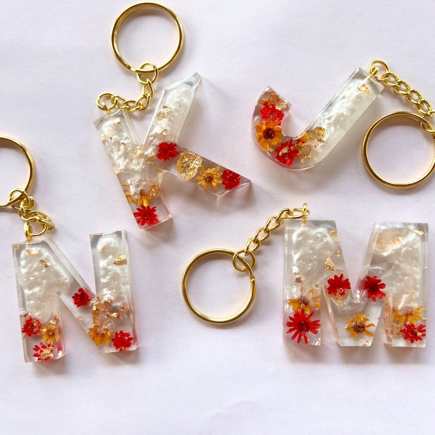 Floral Initial Keychain Gold, Red, Orange, and Pearl, Resin Letter, Personalized Alphabet Charm