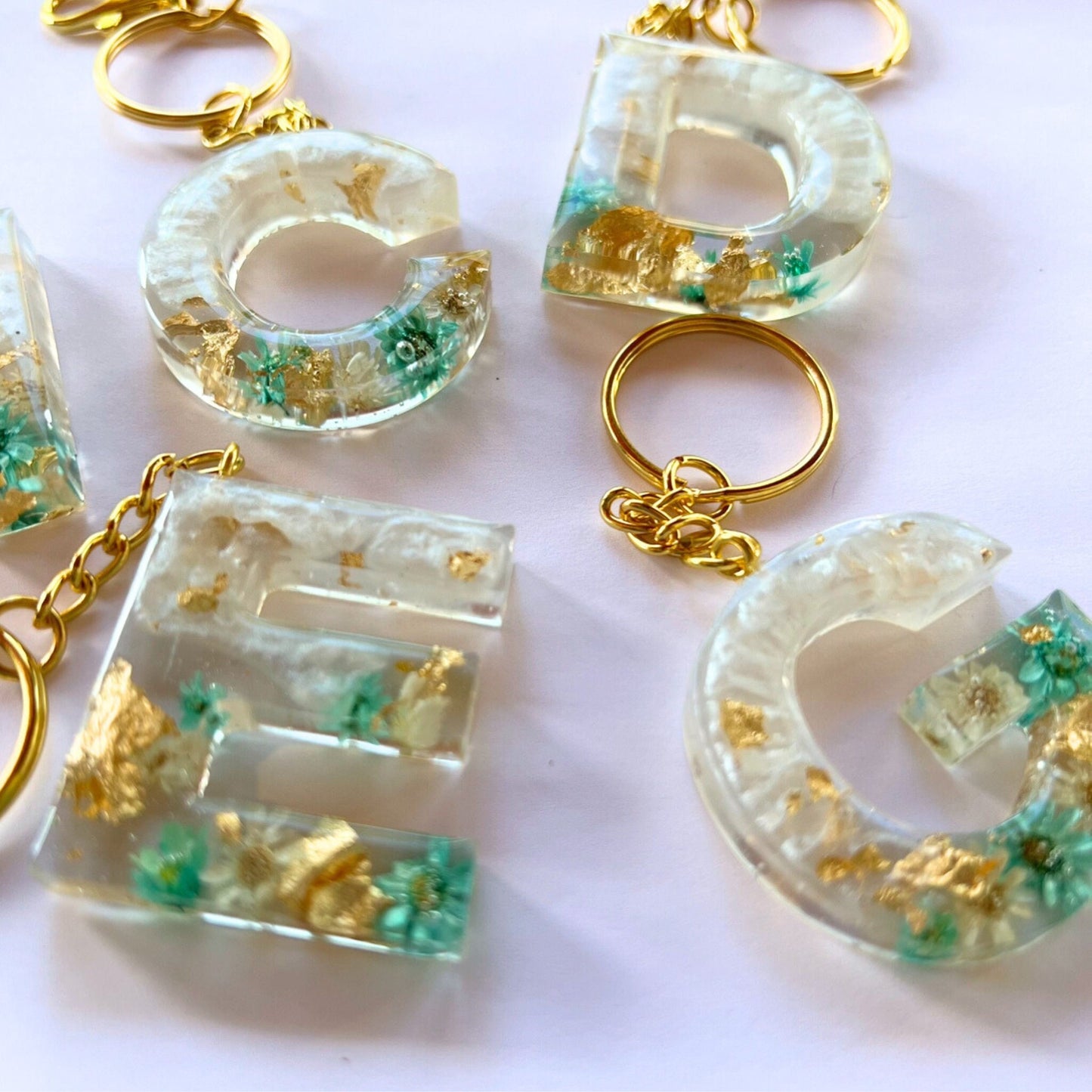 Floral Initial Keychain Gold, Teal, and Pearl, Resin Letter, Personalized Alphabet Charm, Personalized Gift for Her