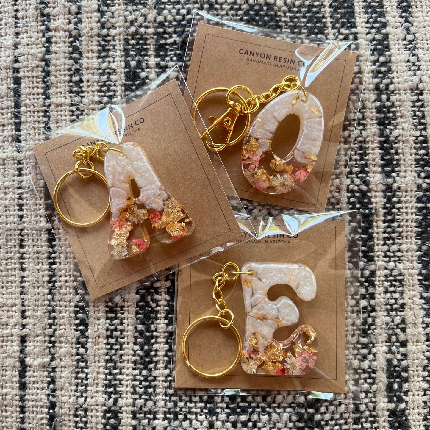 Floral Initial Keychain Gold Pearl, Groovy Resin Letter, Personalized Alphabet Charm