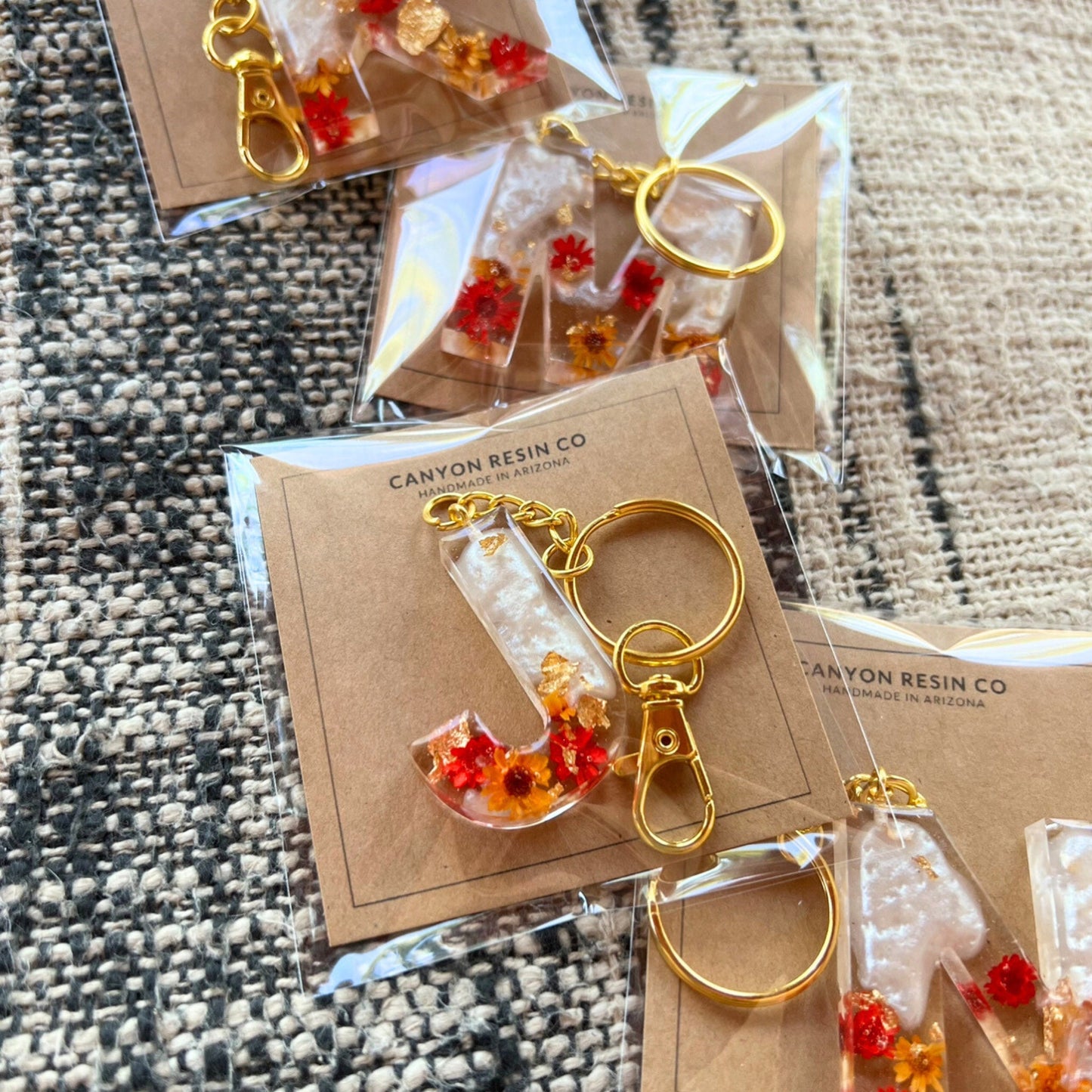 Floral Initial Keychain Gold, Red, Orange, and Pearl, Resin Letter, Personalized Alphabet Charm