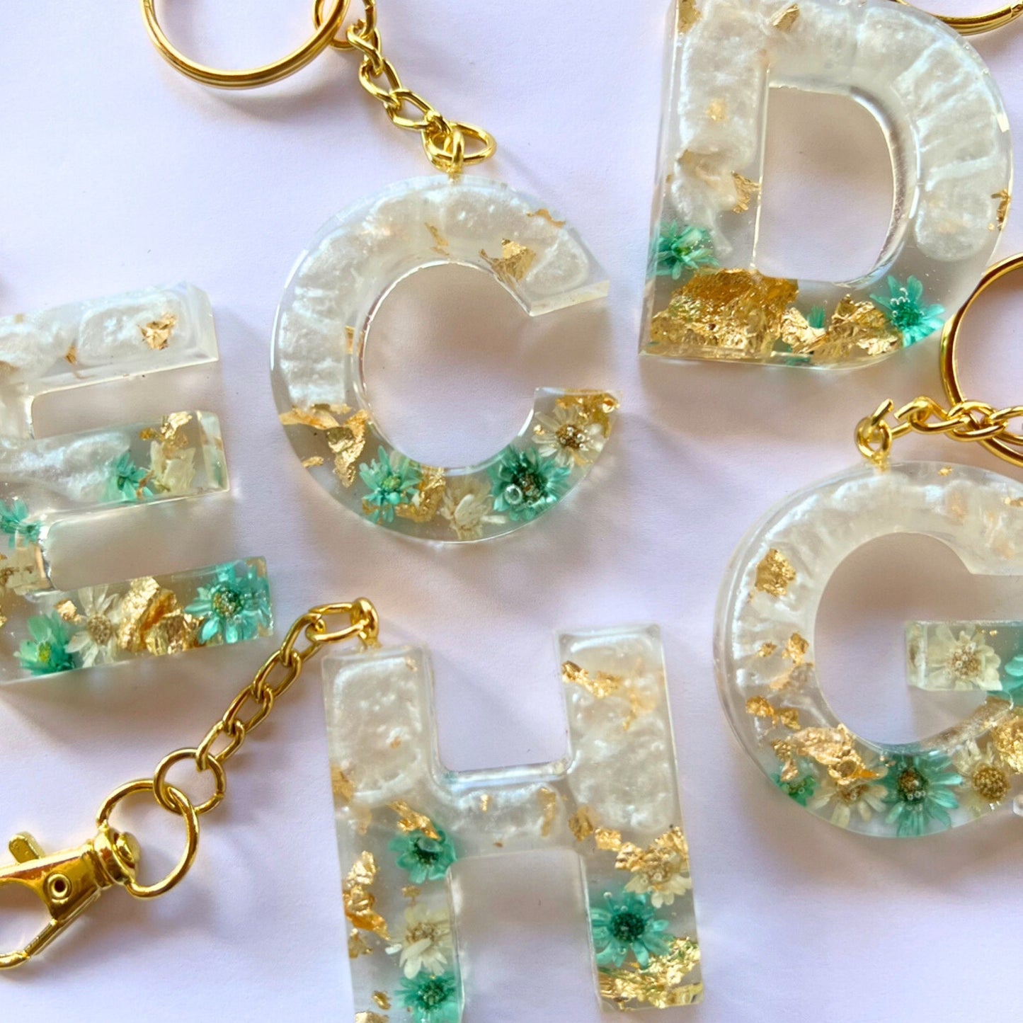 Floral Initial Keychain Gold, Teal, and Pearl, Resin Letter, Personalized Alphabet Charm, Personalized Gift for Her