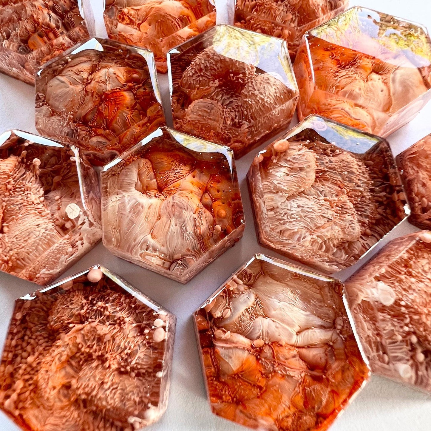 Set of 5 Hexagon Earth Toned Petri Resin Magnets 1" | Warm Earth Tones | Orange, Brown Refrigerator Magnets | Earth Toned Petri Resin Gift