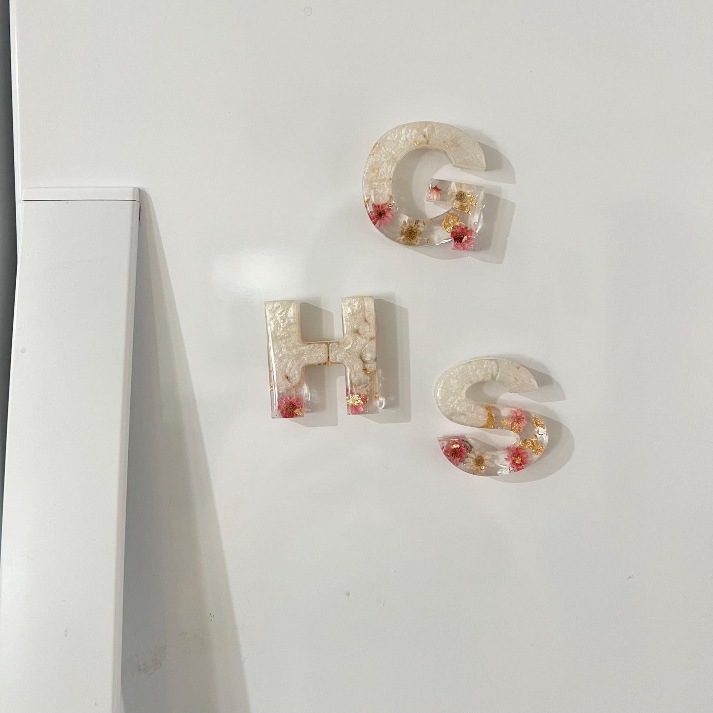 Floral Initial Magnet Gold Pink and Pearl, Resin Letter, Personalized Alphabet magnet, Floral Magnet