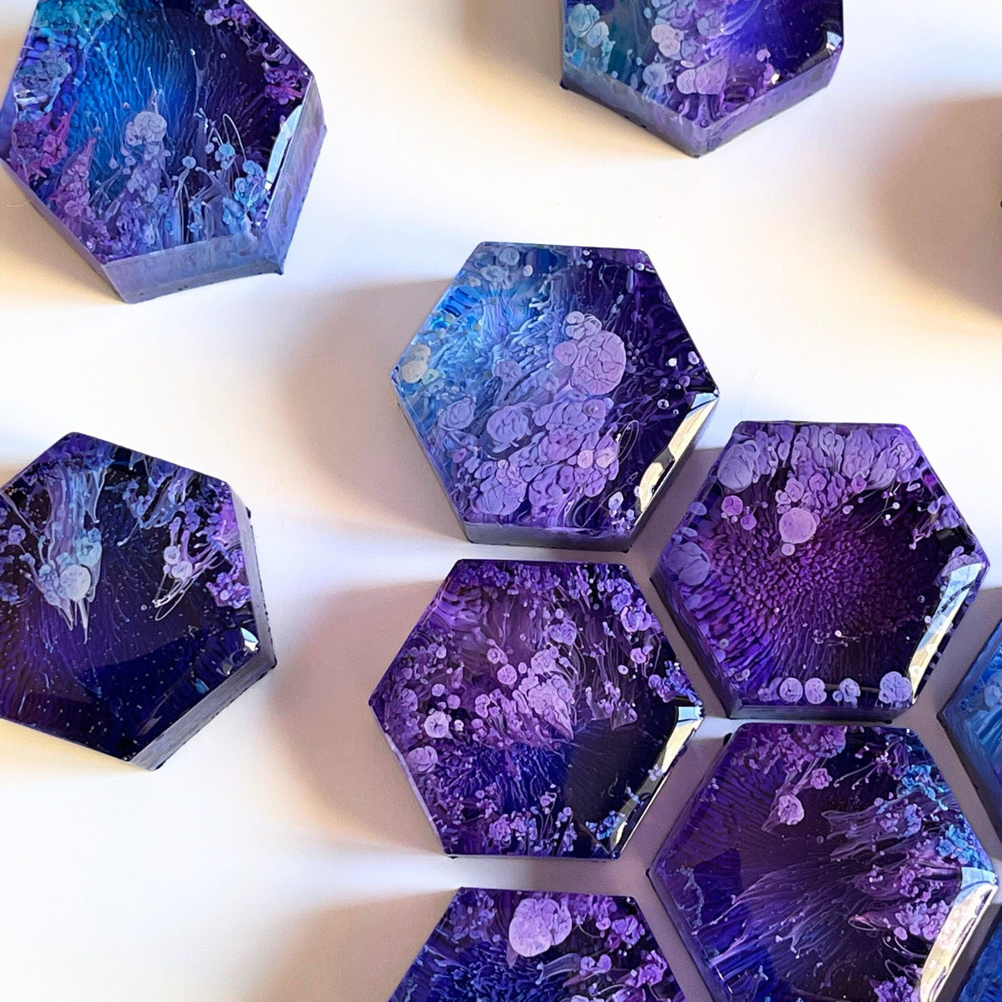 Set of 5 Petri Hexagon Galaxy Resin Magnets 1" | Purple and Blue Magnets | Galaxy Themed Gift | Hexagon Magnets