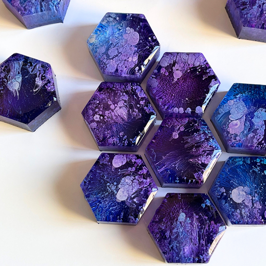 Set of 5 Petri Hexagon Galaxy Resin Magnets 1" | Purple and Blue Magnets | Galaxy Themed Gift | Hexagon Magnets