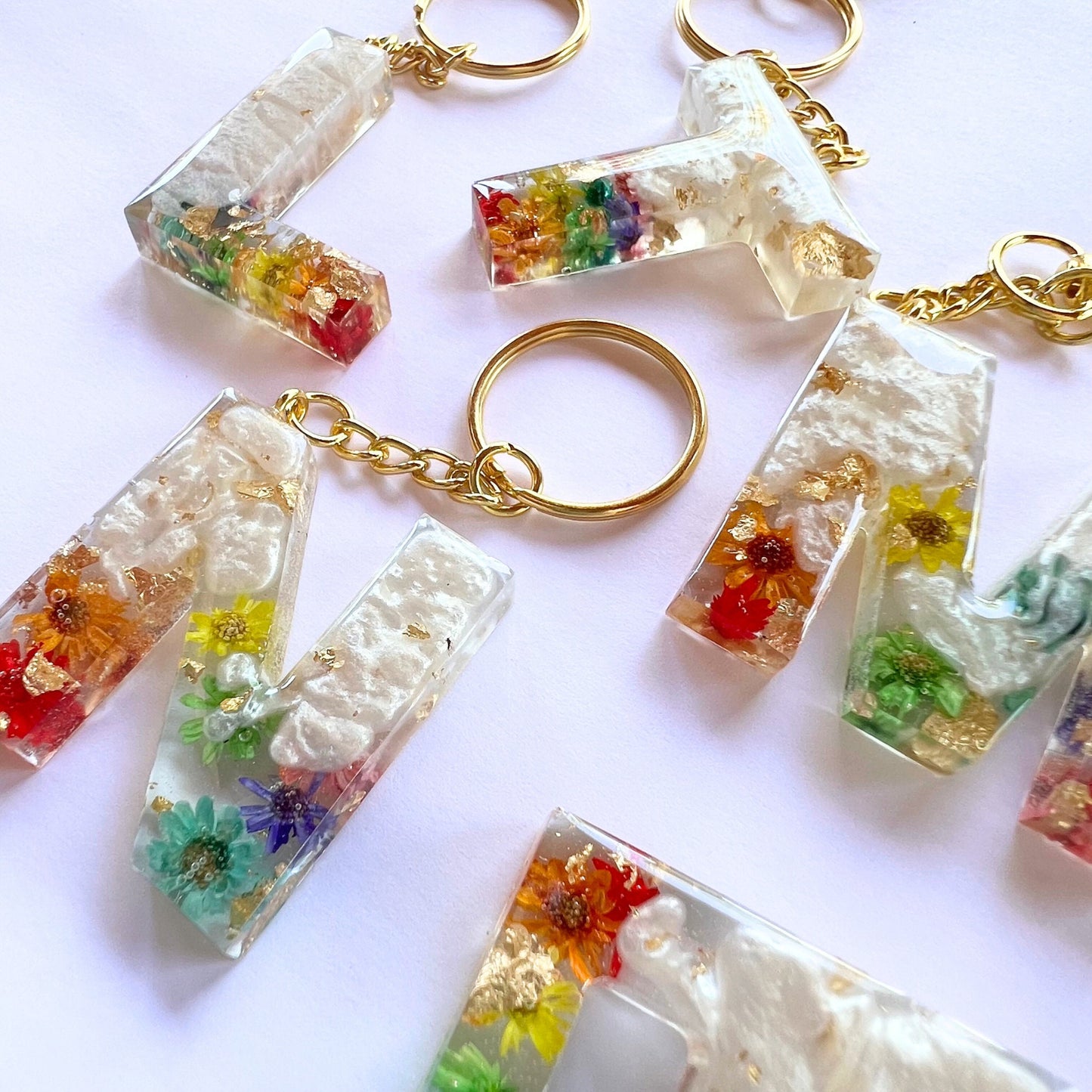 Rainbow Floral Initial Keychain , Pearl, Resin Letter, Personalized Alphabet Charm, Personalized Gift, Rainbow Keychain