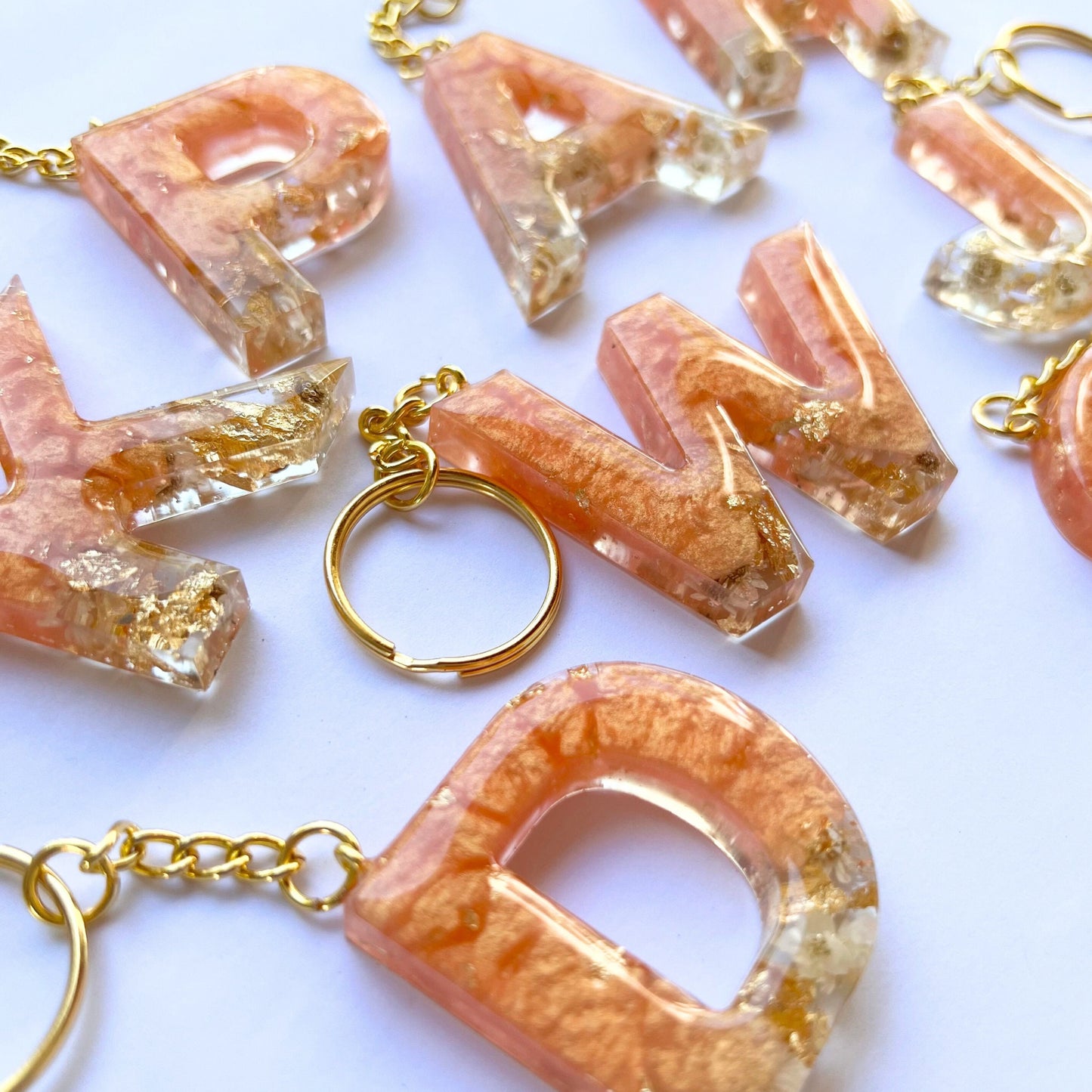 Rose Gold Floral Initial Keychain, Gold, Peach Pearlescent, Resin Letter, Personalized Alphabet Charm, Personalized Gift For Her