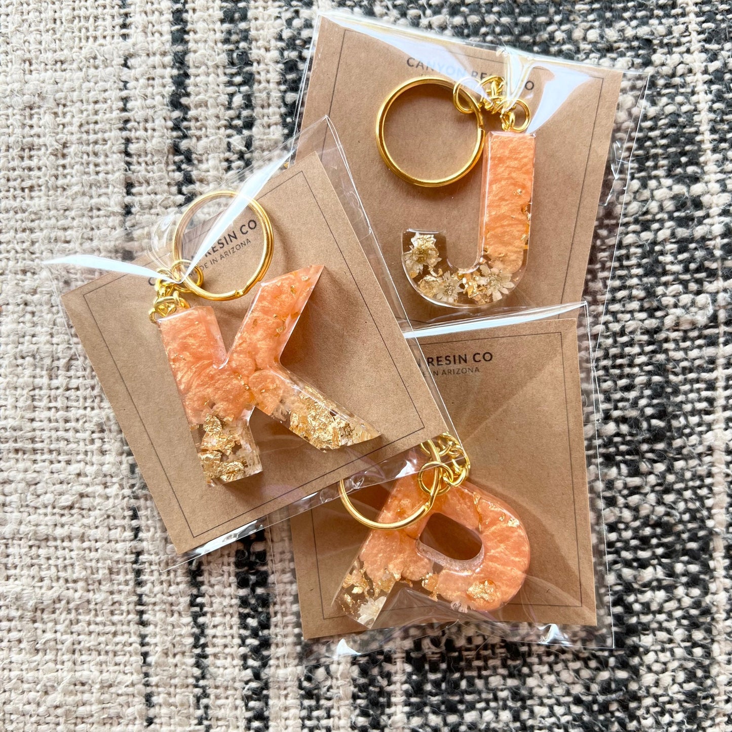 Rose Gold Floral Initial Keychain, Gold, Peach Pearlescent, Resin Letter, Personalized Alphabet Charm, Personalized Gift For Her