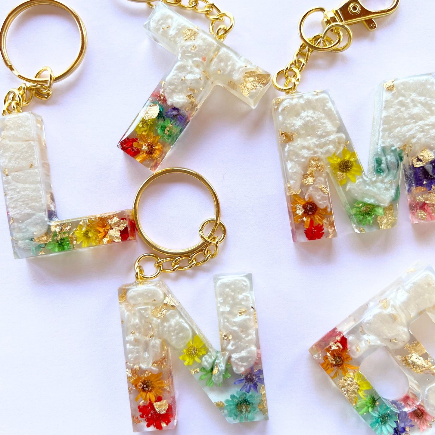 Rainbow Floral Initial Keychain , Pearl, Resin Letter, Personalized Alphabet Charm, Personalized Gift, Rainbow Keychain