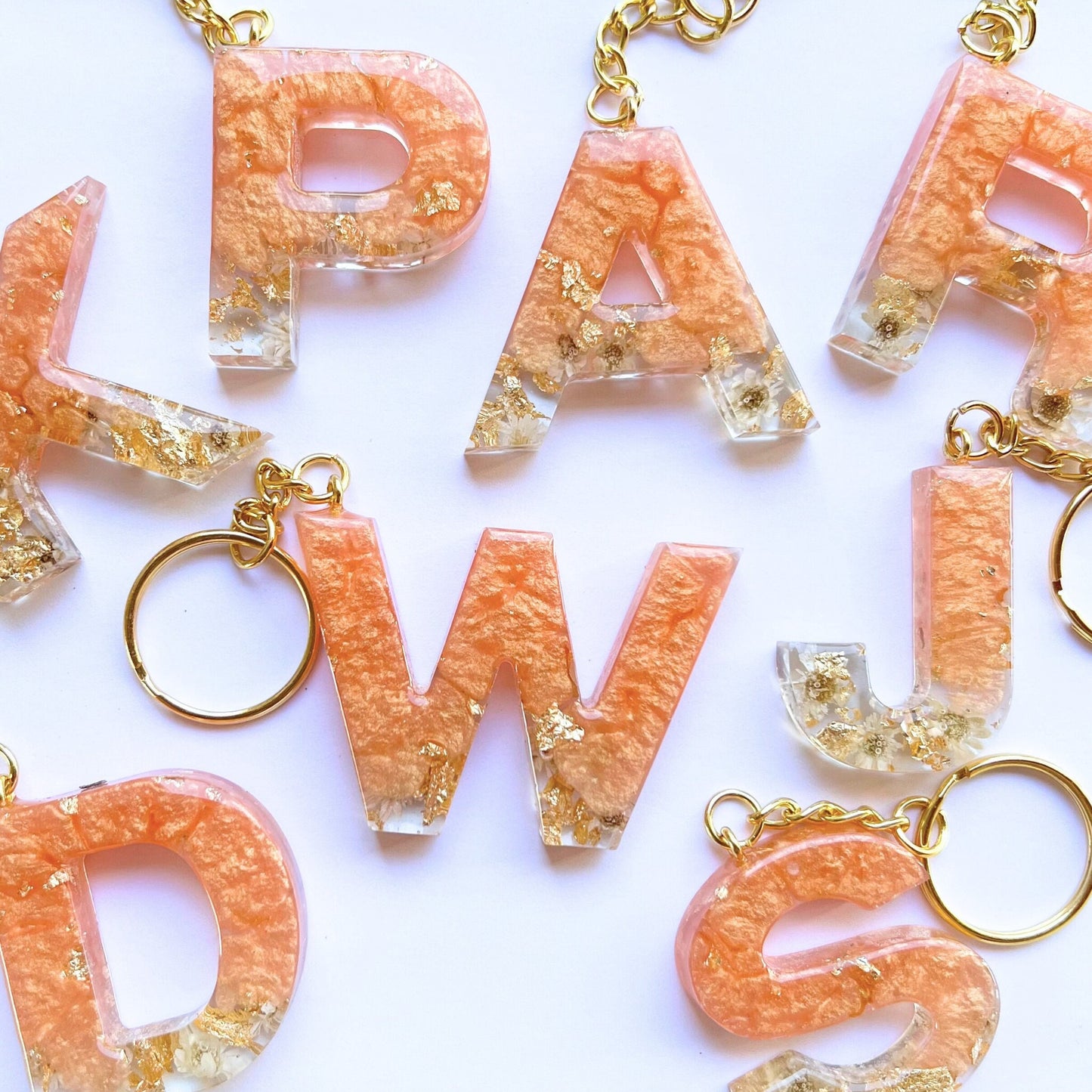 Rose Gold Floral Initial Keychain, Gold, Peach Pearlescent, Resin Letter, Personalized Alphabet Charm, Personalized Gift For Her