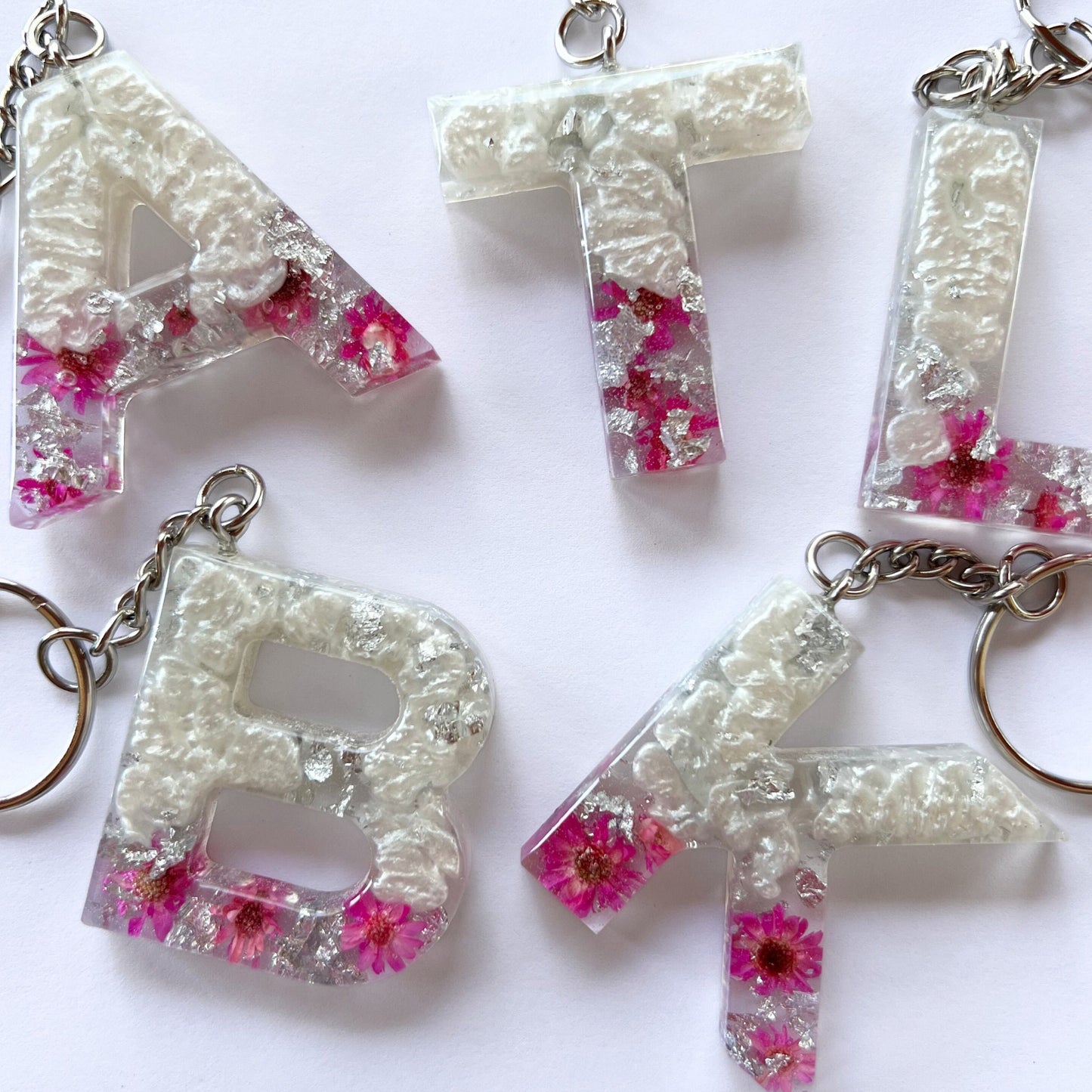 Floral Initial Keychain Silver Pink and Pearl, Resin Letter, Personalized Alphabet Charm | Silver Initial Keychain