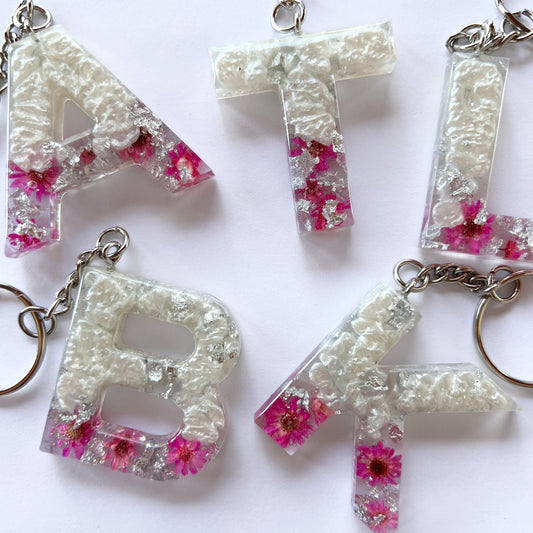 Floral Initial Keychain Silver Pink and Pearl, Resin Letter, Personalized Alphabet Charm | Silver Initial Keychain