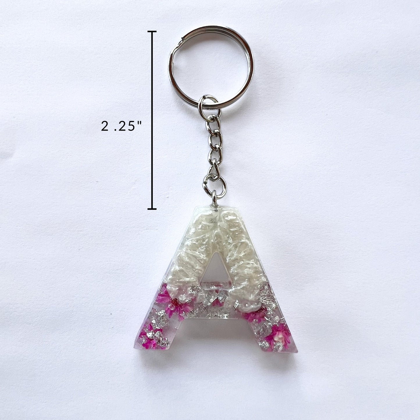 Floral Initial Keychain Silver Pink and Pearl, Resin Letter, Personalized Alphabet Charm | Silver Initial Keychain