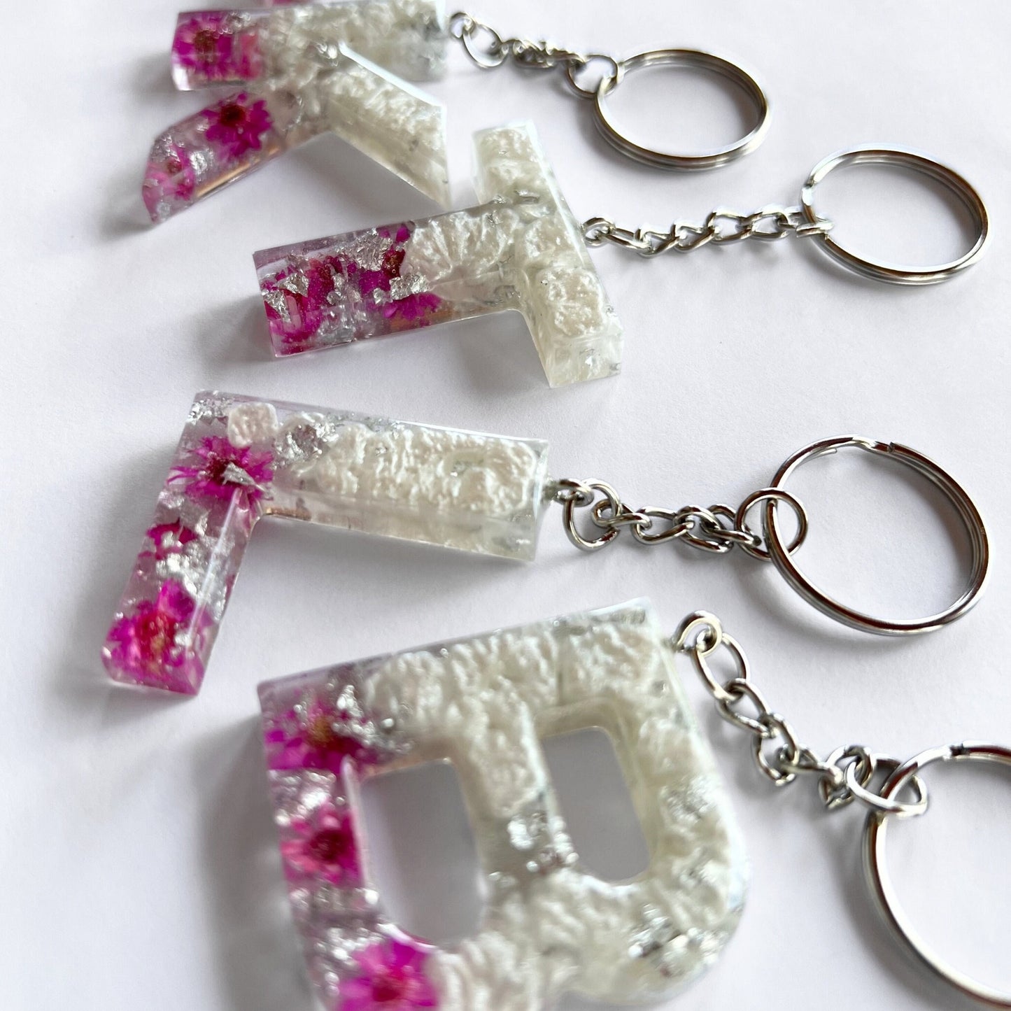 Floral Initial Keychain Silver Pink and Pearl, Resin Letter, Personalized Alphabet Charm | Silver Initial Keychain