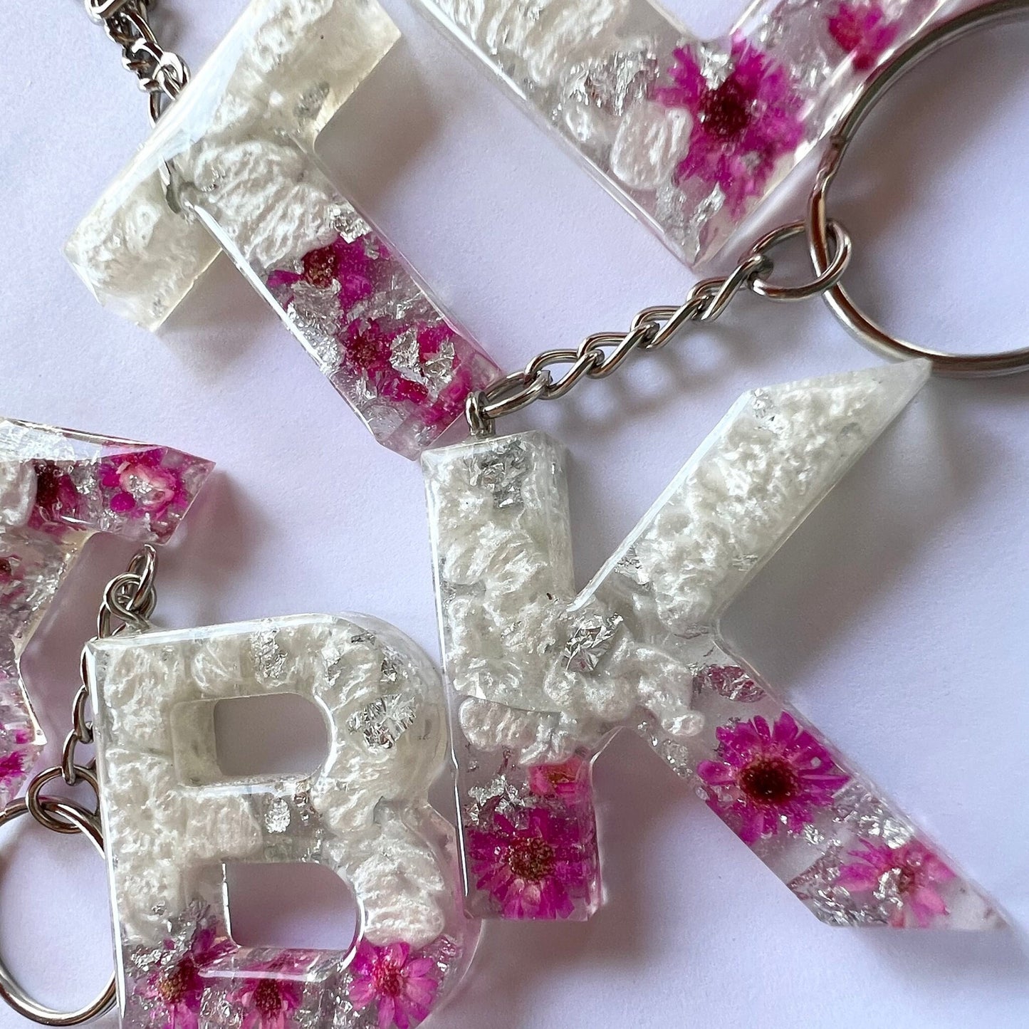 Floral Initial Keychain Silver Pink and Pearl, Resin Letter, Personalized Alphabet Charm | Silver Initial Keychain