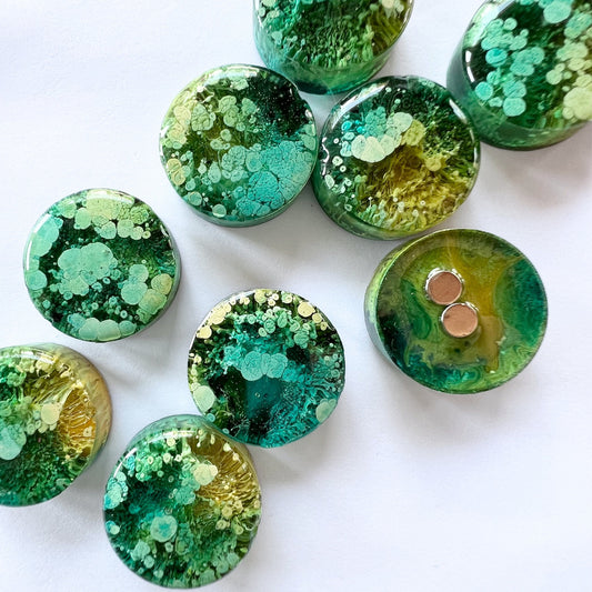 Set of 5 Round Petri Resin Magnets 1" Green and Yellow | Unique Magnet Gift