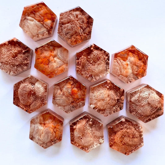 Set of 5 Hexagon Earth Toned Petri Resin Magnets 1"  | Warm Earth Tones | Orange, Brown Refrigerator Magnets | Earth Toned Petri Resin Gift