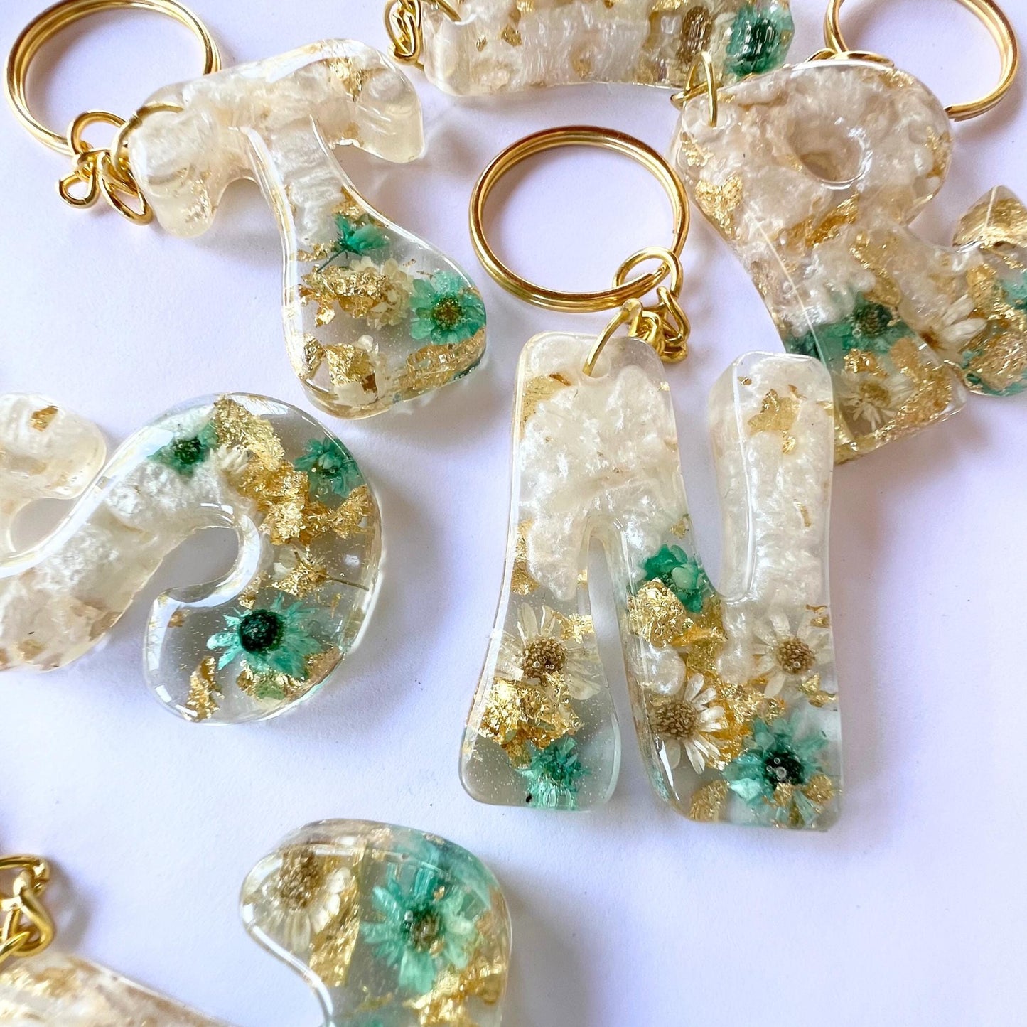 Floral Initial Keychain Gold Pearl, Groovy Resin Letter, Personalized Alphabet Charm